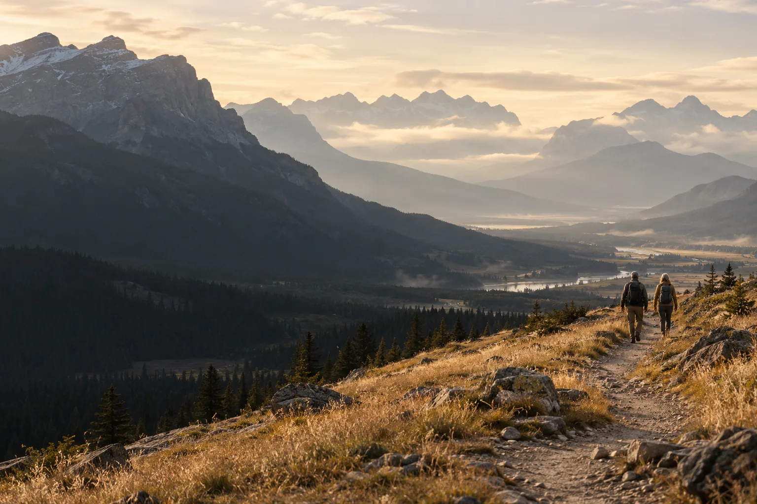 Illustrative mountain landscape with two hikers on a quiet trail